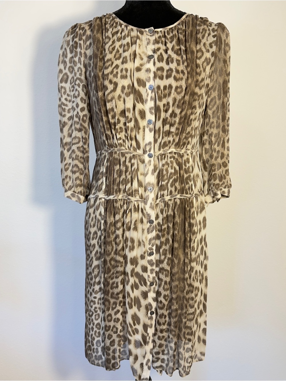 Talbots Women’s 100% Silk Leopard Print Button-Front Midi Dress in Brown/Cream
